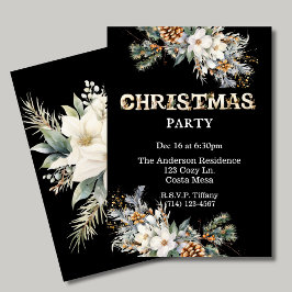 Vintage Black och Guld Greenery jul Party Inbjudningar