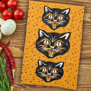 Vintage Black Orange Halloween Cat Ansikte Stars Kökshandduk