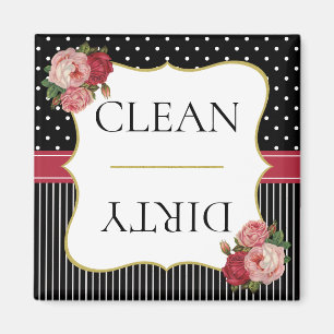Vintage Black Rand Dots Red Blommigt Dishwasher Magnet