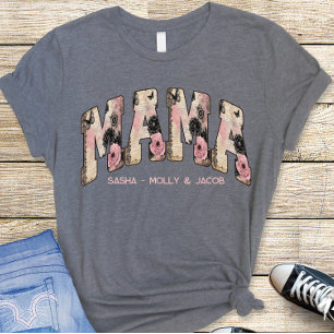 Vintage Black/Rosa Blommigt Snöre Varsity Stil Mam T Shirt