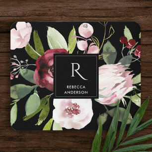 VINTAGE BLACK ROSA BURGUNDY PROTEA BLOMMIGT MUSMATTA