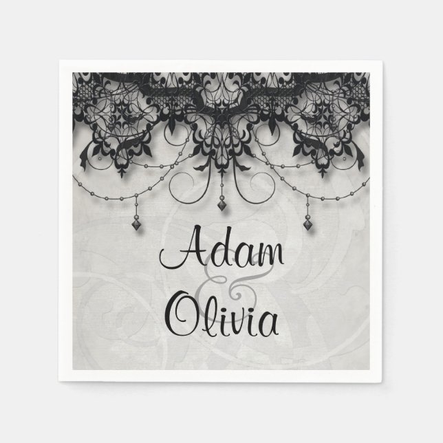 Vintage Black Snöre Chandelier Monogram Bröllop Pappersservett (Framsidan)