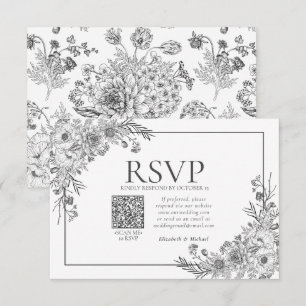 Vintage Black & White Blommigt Line Art QR-kodOSA OSA Kort