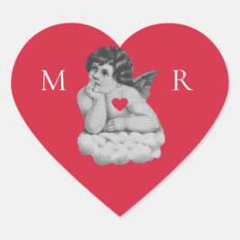 Vintage Black White Cherub Angel Initialer Hjärtformat Klistermärke