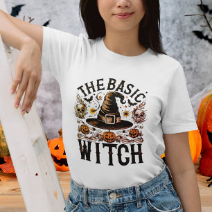 Vintage Black White Halloween Basic Witch Womens T Shirt