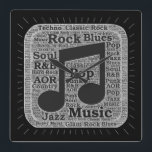 Vintage Black & White Music Genres Fyrkantig Klocka<br><div class="desc">*Anpassa genom att markera en bakgrund i färg.</div>