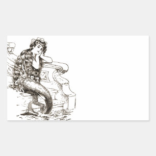 Vintage Black White Sjöjungfru Teckning Rektangulärt Klistermärke
