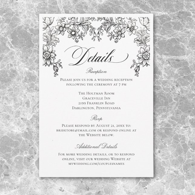 Vintage Black & White Tapestry Blommigt Bröllop Tilläggskort (Vintage Black & White Tapestry Floral Wedding Enclosure Card)