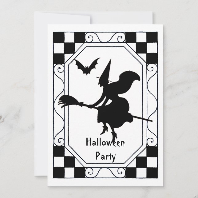 Vintage Black & White Witch's Halloween Inbjudningar (Framsida)