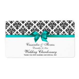 Vintage Black Wht Damask Teal H Vin Flaska-etikett Fraktsedel