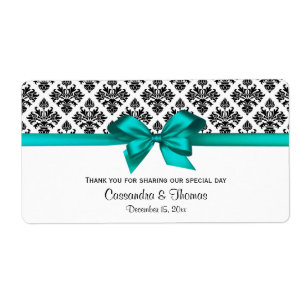 Vintage Black Wht Damask Teal H Vin Flaska-etikett Fraktsedel