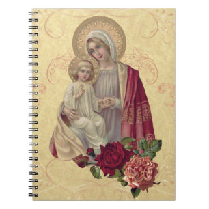 Vintage Blad Virgin Mary Baby Jesus Blommigt Note Anteckningsbok