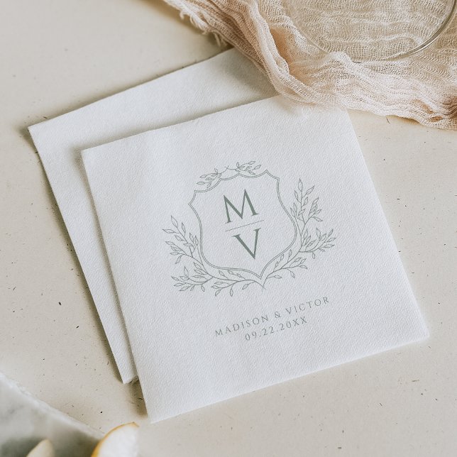 Vintage bladmonogram i salvia grön bröllopsdekor pappersservett (Skapare uppladdad)
