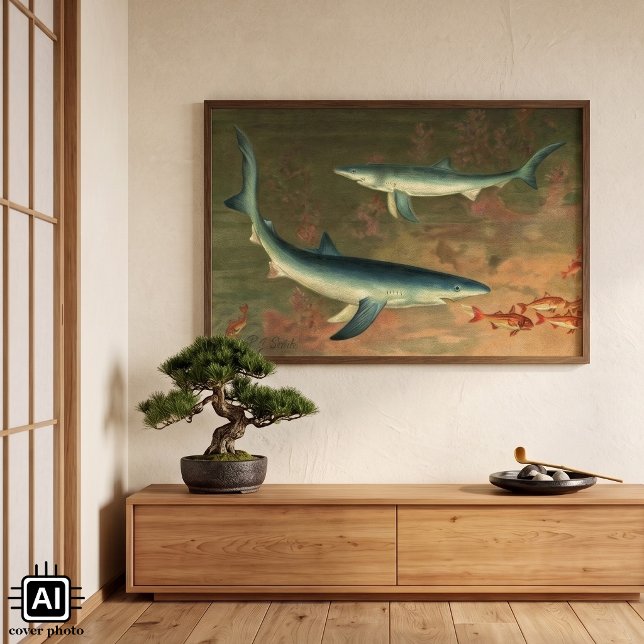 Vintage Blåhaj som äter fisk, marint liv Poster (Vintage illustration marine life design featuring blue sharks swimming after fish in the ocean.)