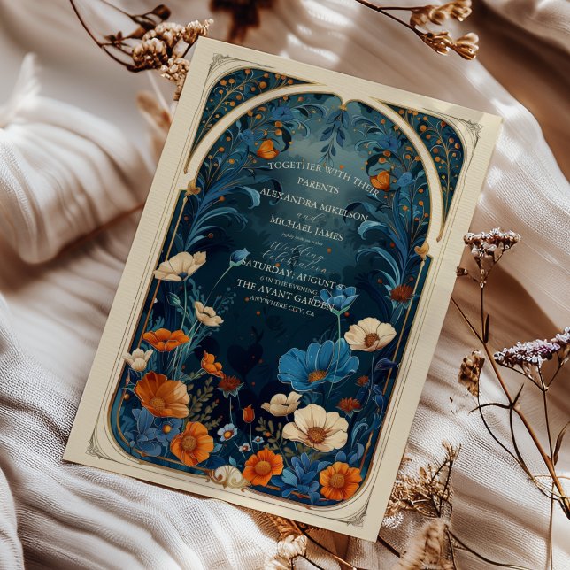 Vintage Blåhavsblått Art nouveau Bröllop Inbjudningar (Skapare uppladdad)