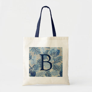Vintage Blått Blad Mönster Blått Monogram Tygkasse