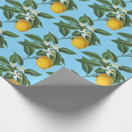 Vintage Blått Blommar för citronfrukt Presentpapper