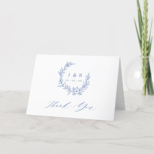 Vintage Blått Blommigt Utandning i monogram Bröllo Tack Kort