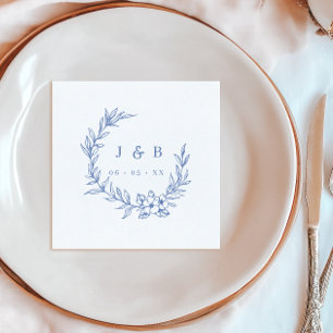 Vintage Blått Blommigt Utandning Monogram Pappersservett