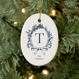 Vintage Blått Botaniskt Monogram Julgransprydnad Keramik