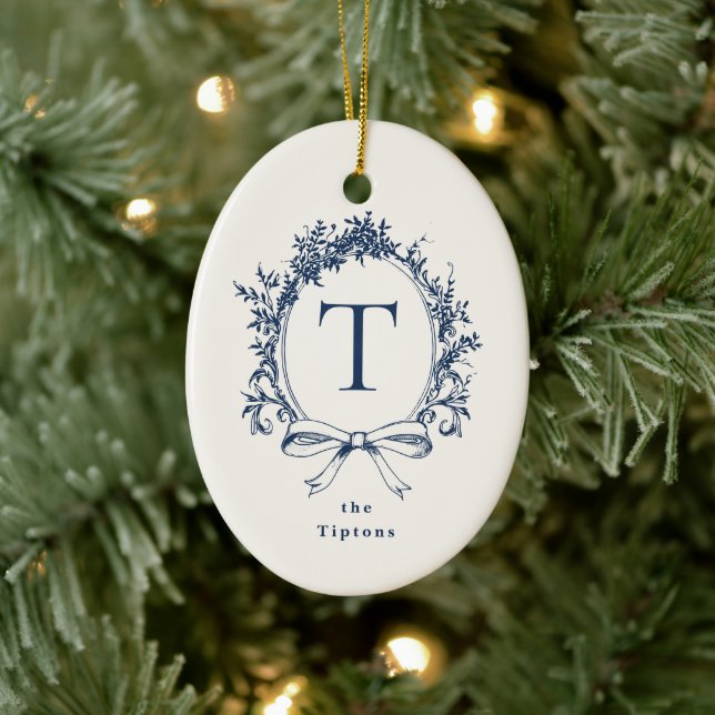 Vintage Blått Botaniskt Monogram Julgransprydnad Keramik (Träd)