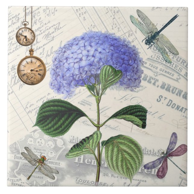 Vintage Blått Hydrangea Flower Kakelplatta (Framsidan)