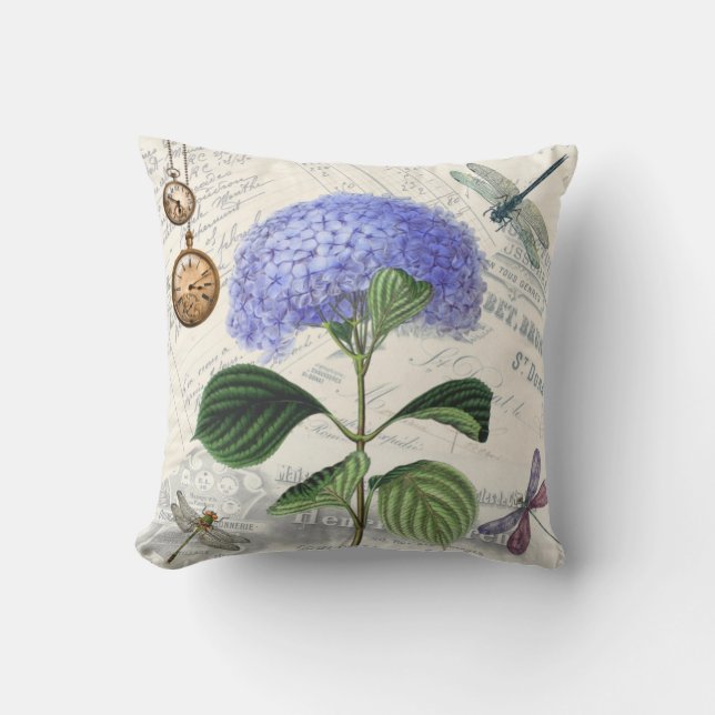 Vintage Blått Hydrangea Flower Kudde (Framsida)