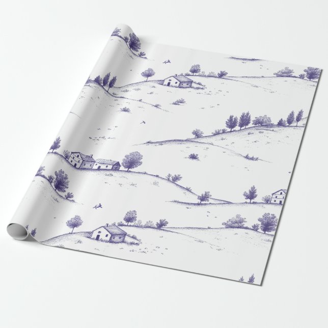Vintage Blått Toile Landskap Presentpapper (Utrullad)