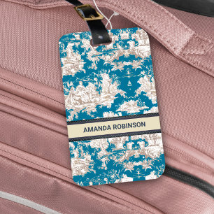 Vintage blåturkos toile de jouy monogram bagagebricka