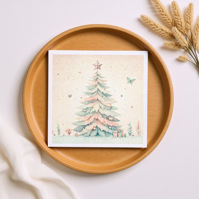 Vintage blek God jul Pappersservett (Vintage Christmas Tree soft pink Watercolor Napkins)