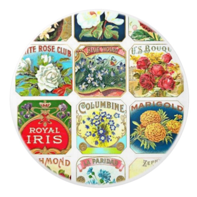 Vintage Blometiketter keramiskt knopp (Framsidan)