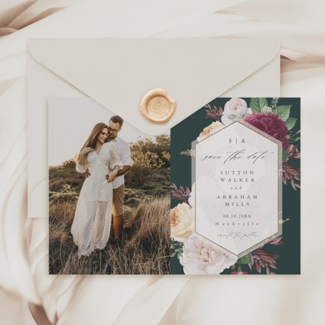 Vintage blomfoto bröllop spara datum  inbjudningar (Elegant Modern Floral Wedding Photo Save the Dates.)