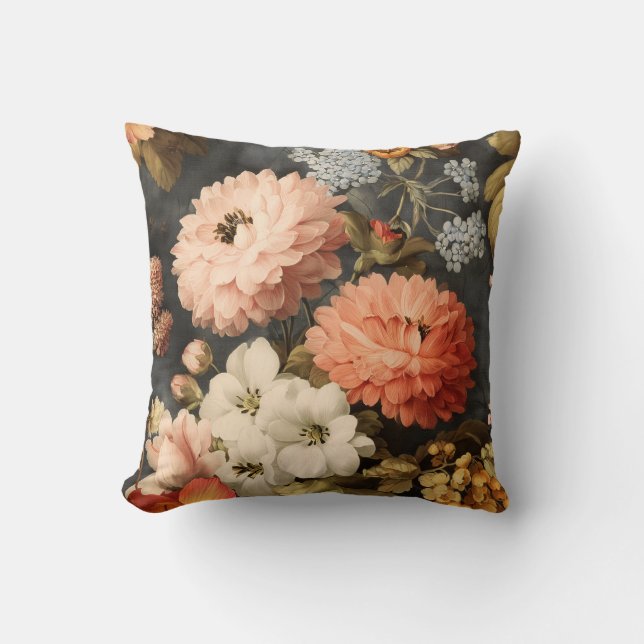 Vintage blomillustration med blandade blommor kudde (Framsida)