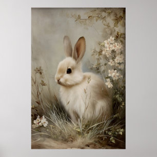 Vintage blomma kanin tryck, Antik kanin Poster