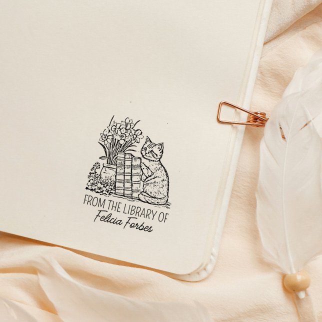 Vintage Blomma Katt Bibliotek Bok Stämpel (Skapare uppladdad)