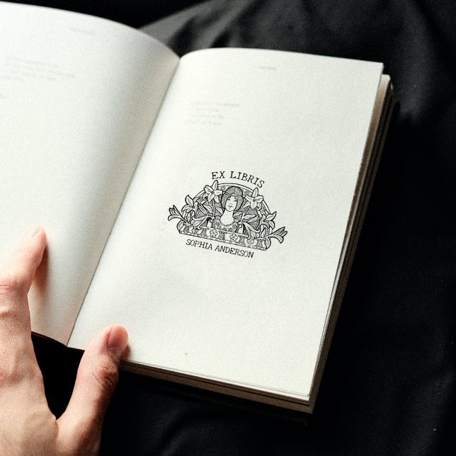 Vintage blomma kvinna bibliotek bok ex libris stämpel (Skapare uppladdad)