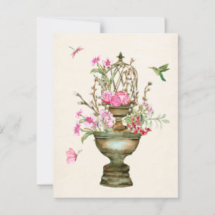 Vintage blomma vas bouquet trädgårdshärg vykort