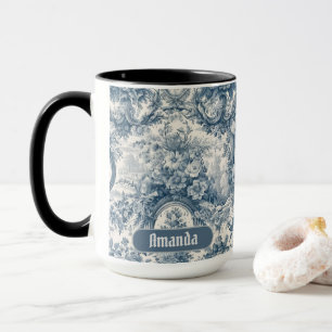 Vintage blommande blå toile de jouy monogram mugg