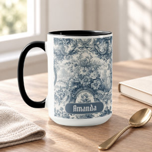 Vintage blommande blå toile de jouy monogram mugg
