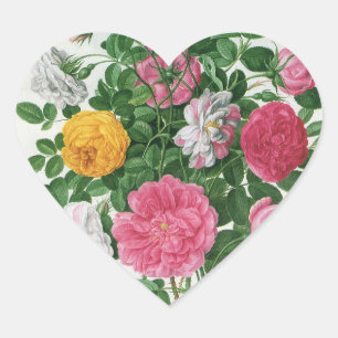 Vintage blommande blommor, vårträdgårdsrosor hjärtformat klistermärke