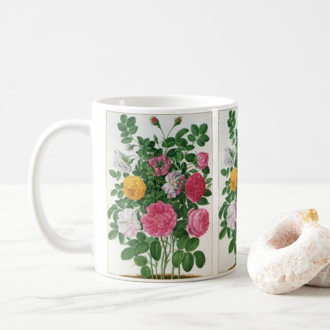 Vintage blommande blommor, vårträdgårdsrosor kaffemugg (Med munk)
