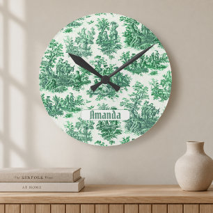 Vintage blommande grön toile jouy monogram rund klocka