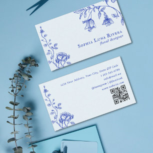 Vintage Blommande Ros Doodle Dammtor Blue QR-kod Visitkort