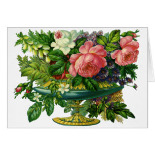 Vintage blommande rosa rosor, vas med blommor hälsningskort