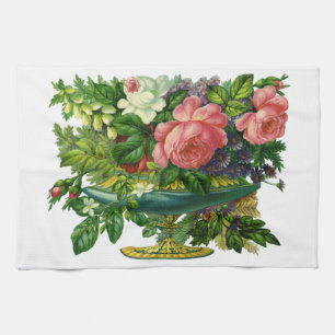 Vintage blommande rosa rosor, vas med blommor kökshandduk