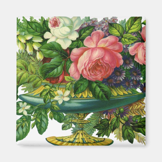 Vintage blommande rosa rosor, vas med blommor magnet (Framsidan)