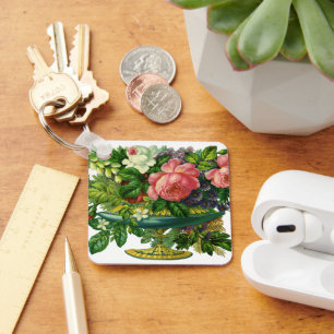 Vintage blommande rosa rosor, vas med blommor nyckelring