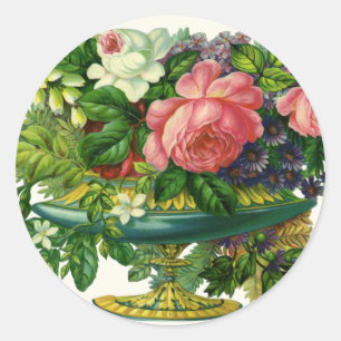 Vintage blommande rosa rosor, vas med blommor runt klistermärke