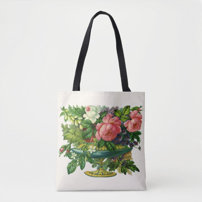 Vintage blommande rosa rosor, vas med blommor tygkasse (Framsida)