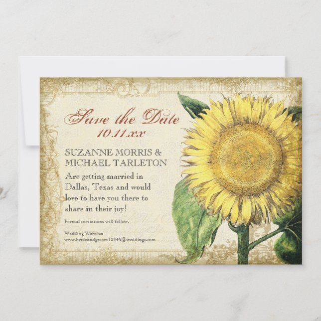 Vintage blommande solrosor - Höstbröllop Spara Datumet (Framsida)